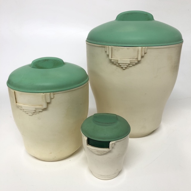 CANNISTER SET, 1940s Cream Green Bakelite Storage (Set of 3)